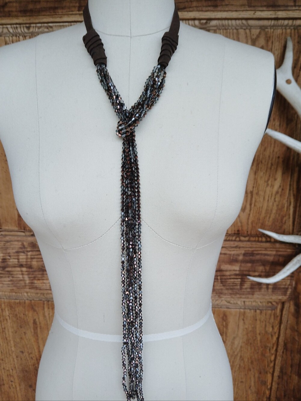 Boho Multi-Strand Faceted Crystal Tied Lariat Necklace Taupe Chocolate brown